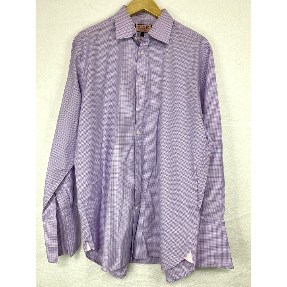 Thomas Pink Dress Shirt Mens 17.5 35.5 Classic Purple/Pink Check Long Sleeve